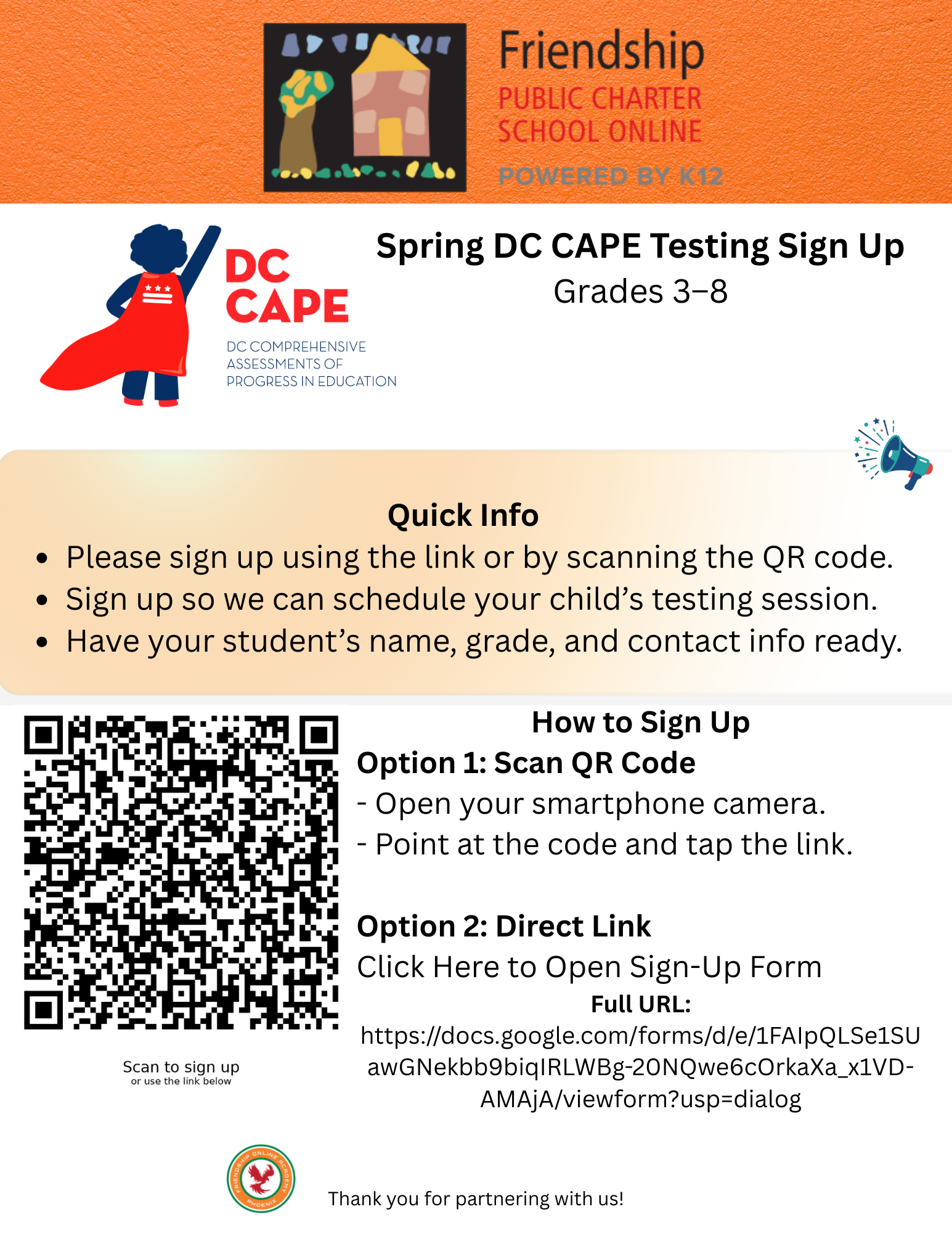 flyer with instructions to sign up for Spring DC CAPE Testing
